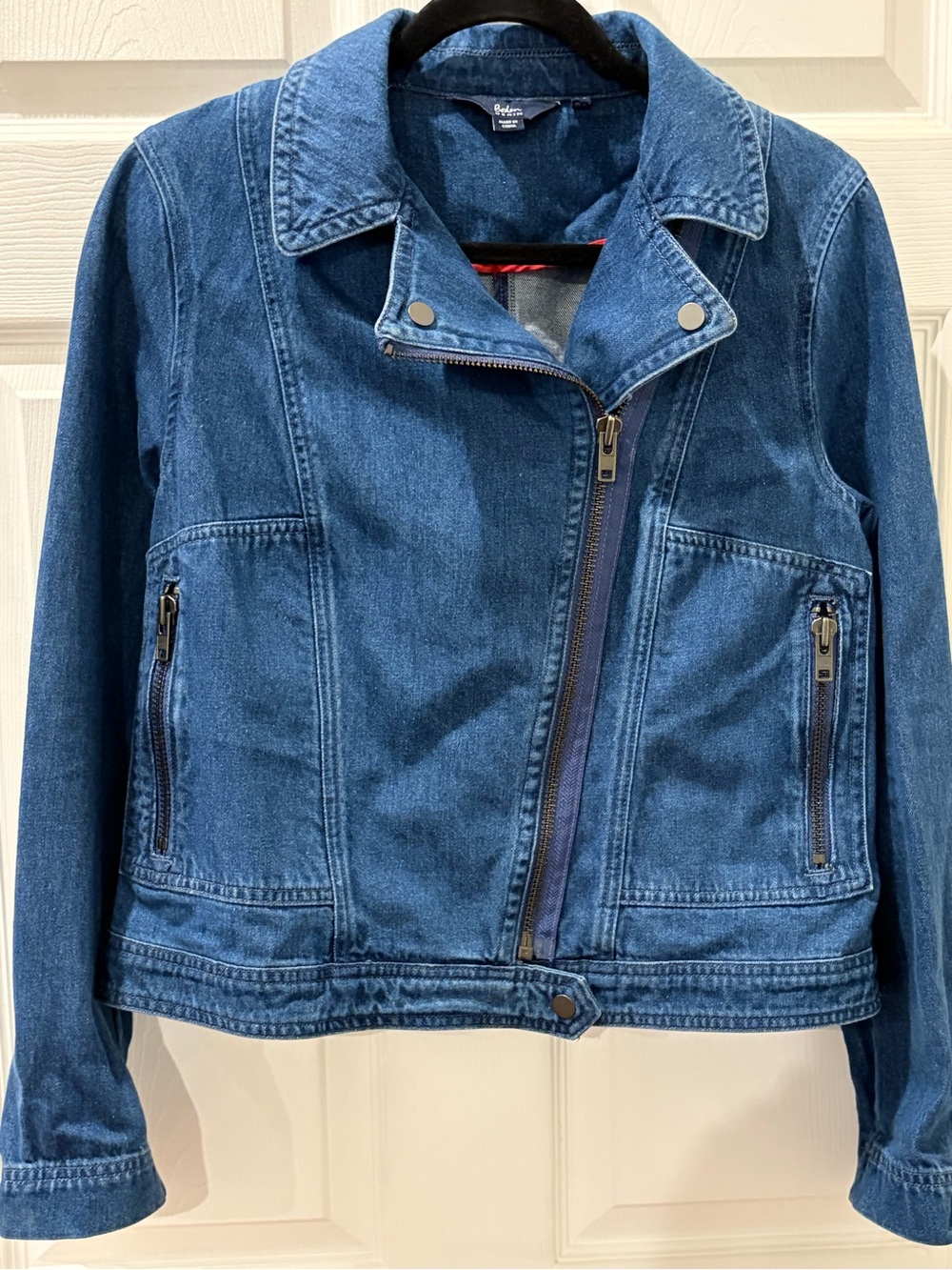 Boden Women's Blue Denim Moto Jacket with Asymmetrical Zip